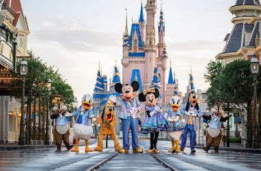 Beginning Oct. 1, 2021, Mickey Mouse and Minnie Mouse will host “The World’s Most Magical Celebration” honoring the 50th anniversary of Walt Disney World Resort in Lake Buena Vista, Fla. Mickey and Minnie will be joined by their best pals Donald Duck, Daisy Duck, Goofy, Pluto and Chip ‘n’ Dale all dressed in sparkling new looks, custom-made for the 18-month event, highlighted by embroidered impressions of Cinderella Castle on multi-toned, EARidescent fabric punctuated with pops of gold. (Matt Stroshane, photographer)